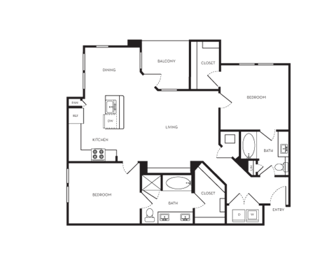 Floor plan for 2 beds, 2 baths, 1228 sqft
